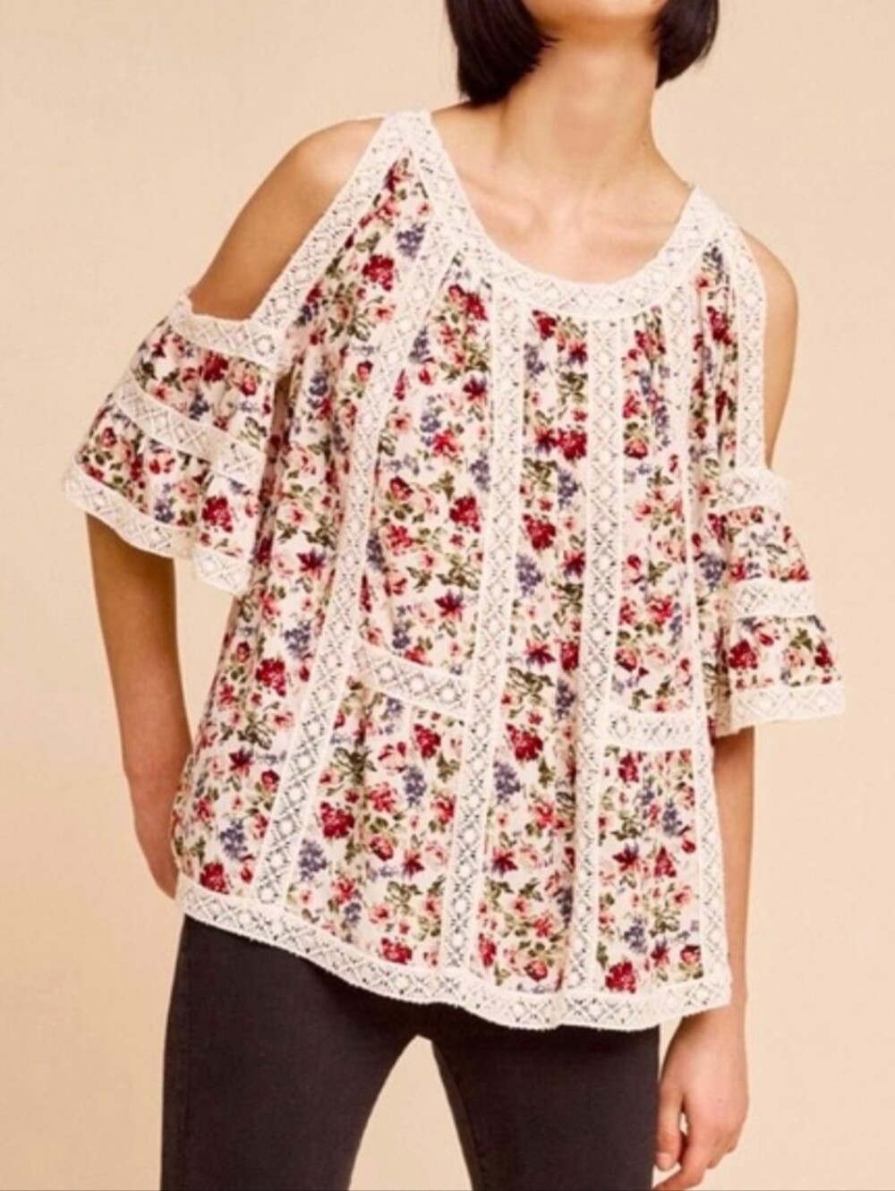 Anthropology Blue Tassel Floral Cold-Shoulder Lace-Trim Top - S